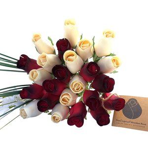 2 Dozen Red with Black Tips and White  Flower Bouquet The Original Wooden Rose